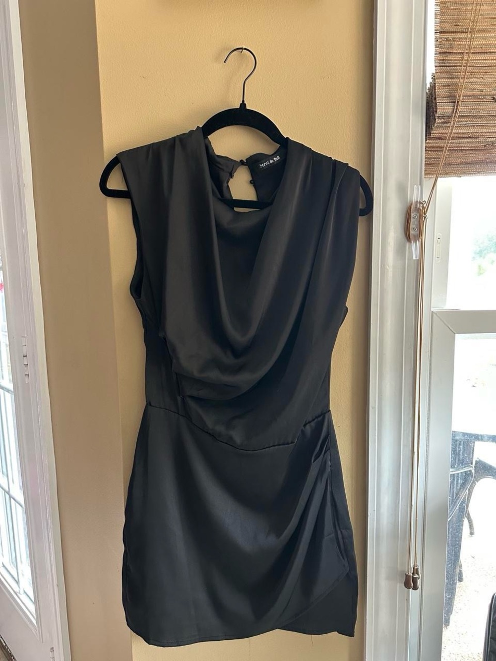 Sleeveless Black Draped Satin Mini Dress